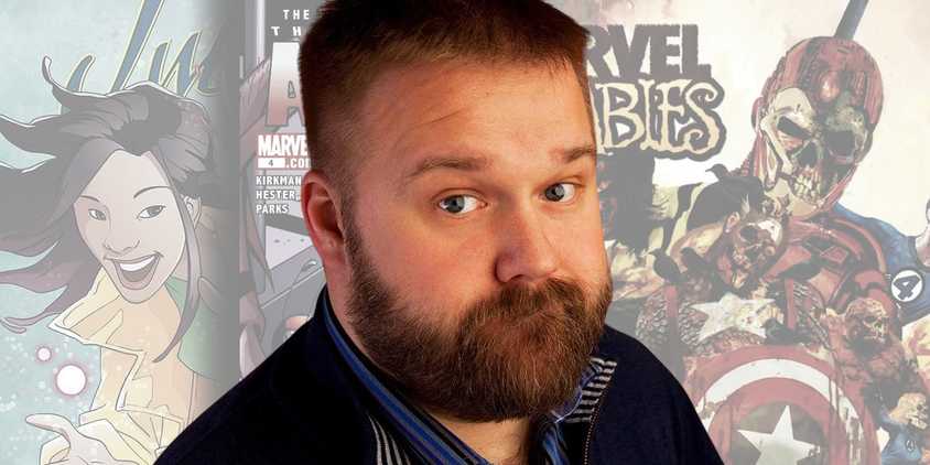 Robert Kirkman's official headshot in color, against a pale, desaturated background of his Marvel Comics work.