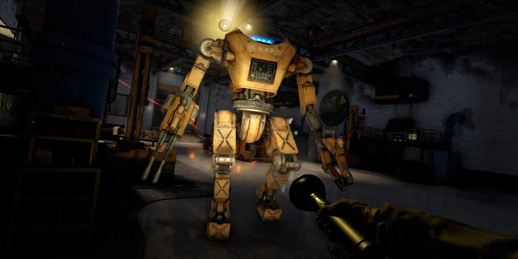A torch is shined on a large robot sentinel in Atomfall.