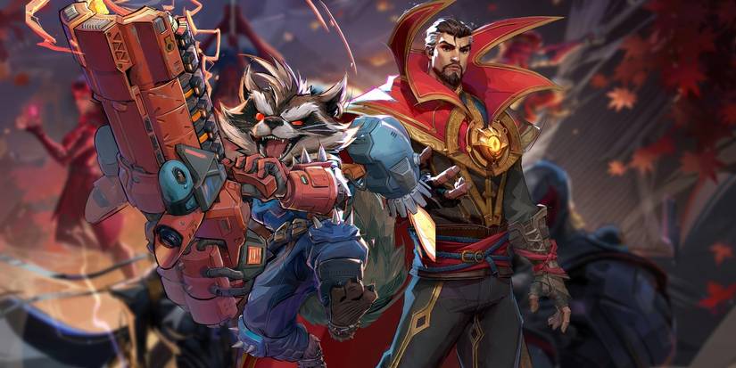 Rocket Raccoon toting a gun and Doctor Strange with a hand raised in front of Marvel Rivals key art