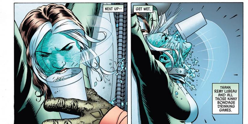 Rogue absorbs Dancing Water's powers, thanks Gambit for kinky bondage drinking games to prepare her for this in Uncanny Avengers #2
