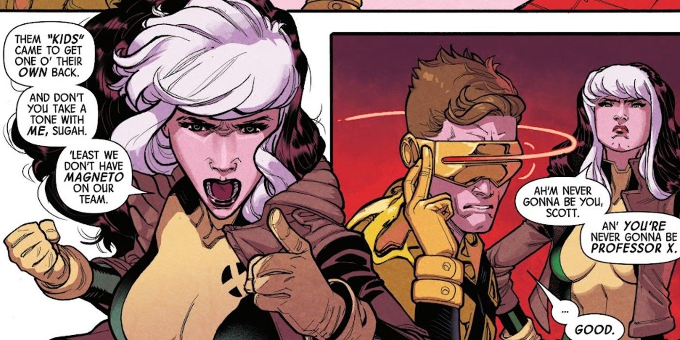 Comic book panels: Rogue argues about Cyclops recruiting Magneto on his team and he&rsquo;ll never be Professor X in Uncanny X-Men #9