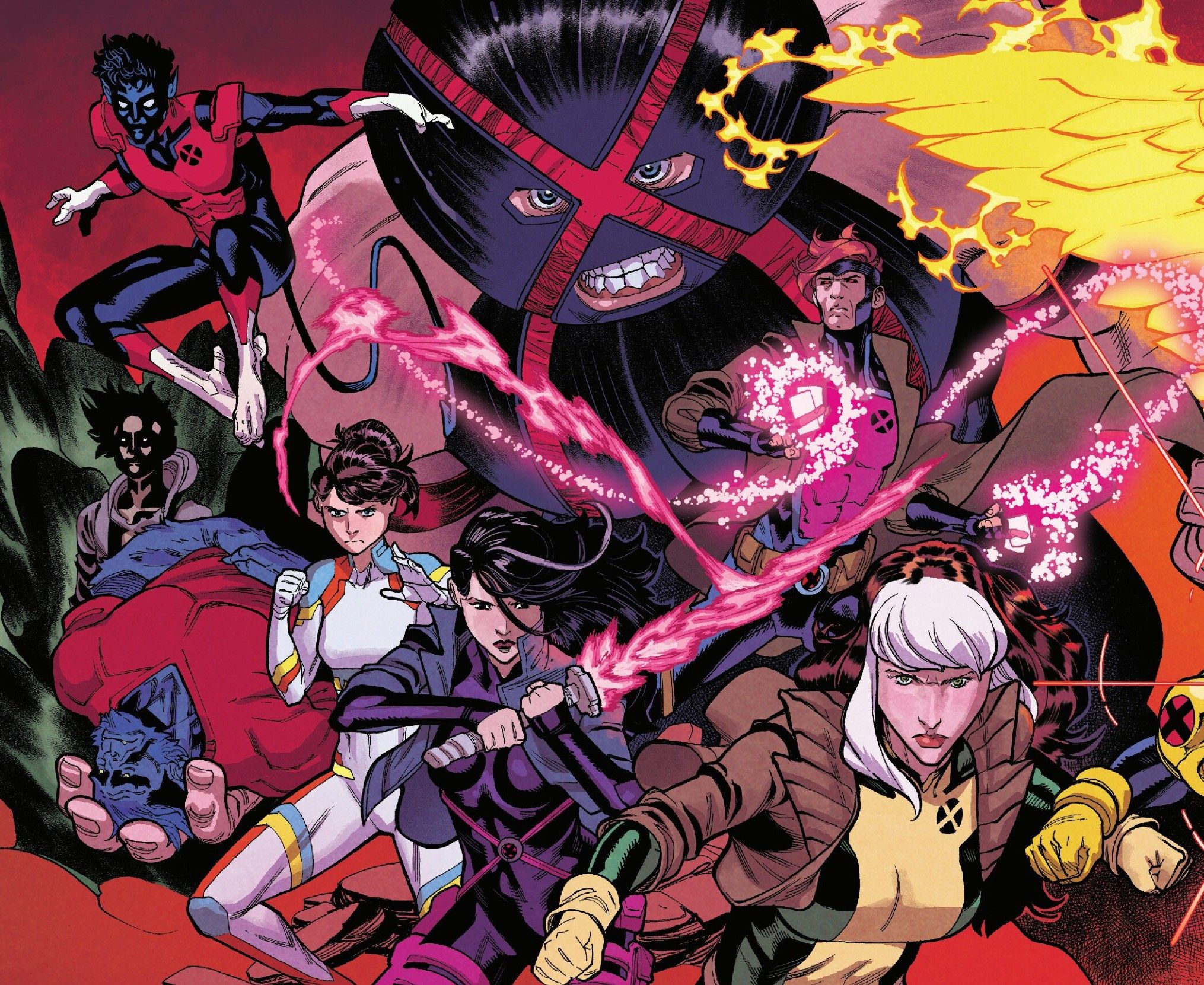 Comic book panel: Rogue stands tall with her X-Men team.