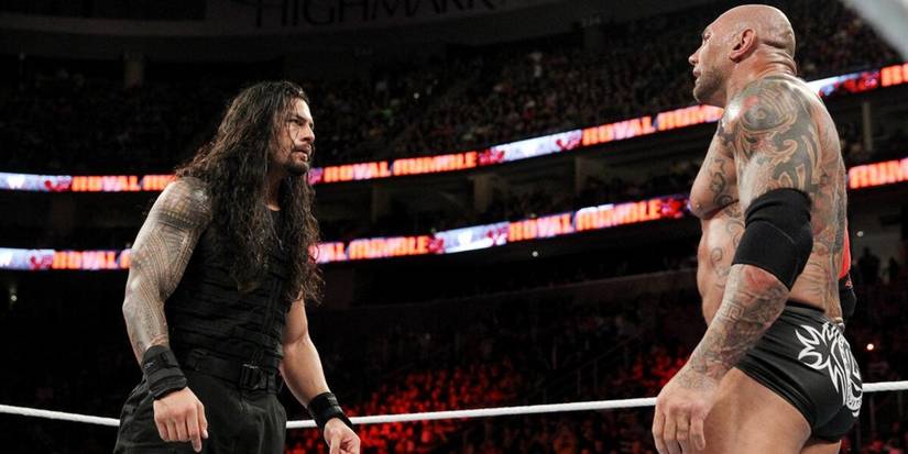 Roman Reigns staredown with Batista at WWE Royal Rumble 2014