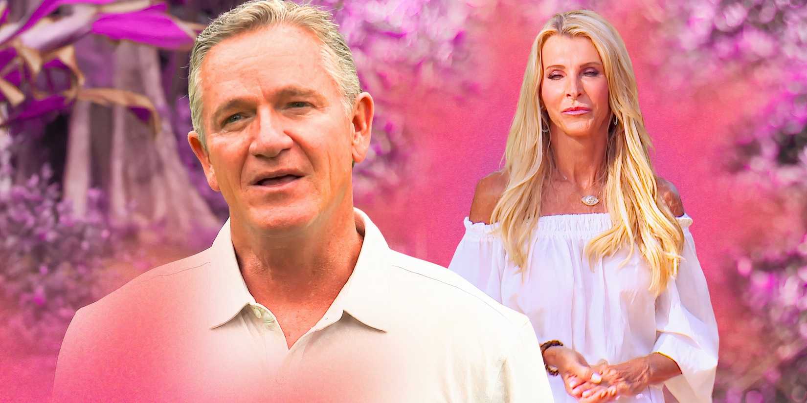  The Golden Bachelorette stars Chock Chapple and Joan Vassos in montage looking serious with pink background