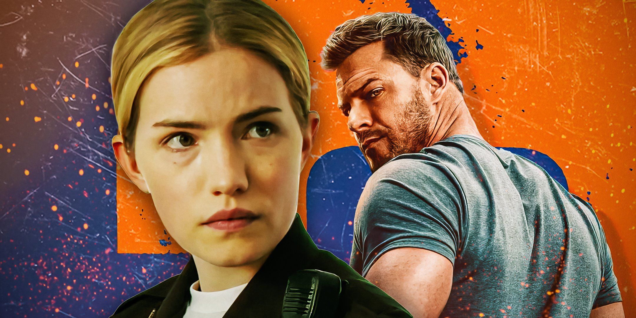 Alan Ritchson as Jack Reacher and Willa Fitzgerald as Roscoe Conklin in Reacher