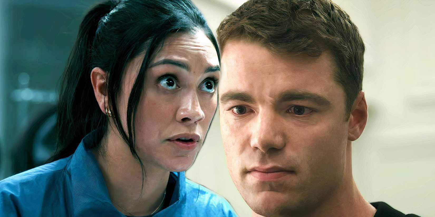Rose speaking next to Peter looking serious in The Night Agent season 2