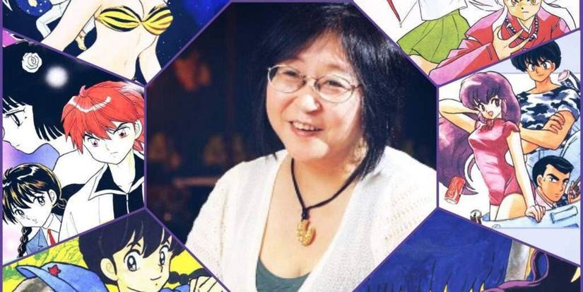 Rumiko Takahashi surrounded by her works like Ranma 1/2, Inuyasha, and Urusei Yatsura
