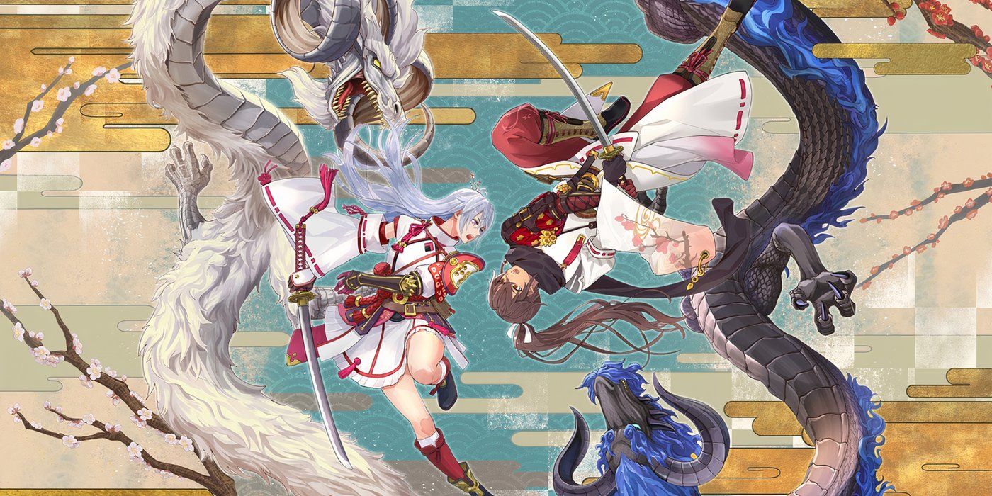 Rune Factory Guardians of Azuma Main Art; Two Characters Posing With Dragons.