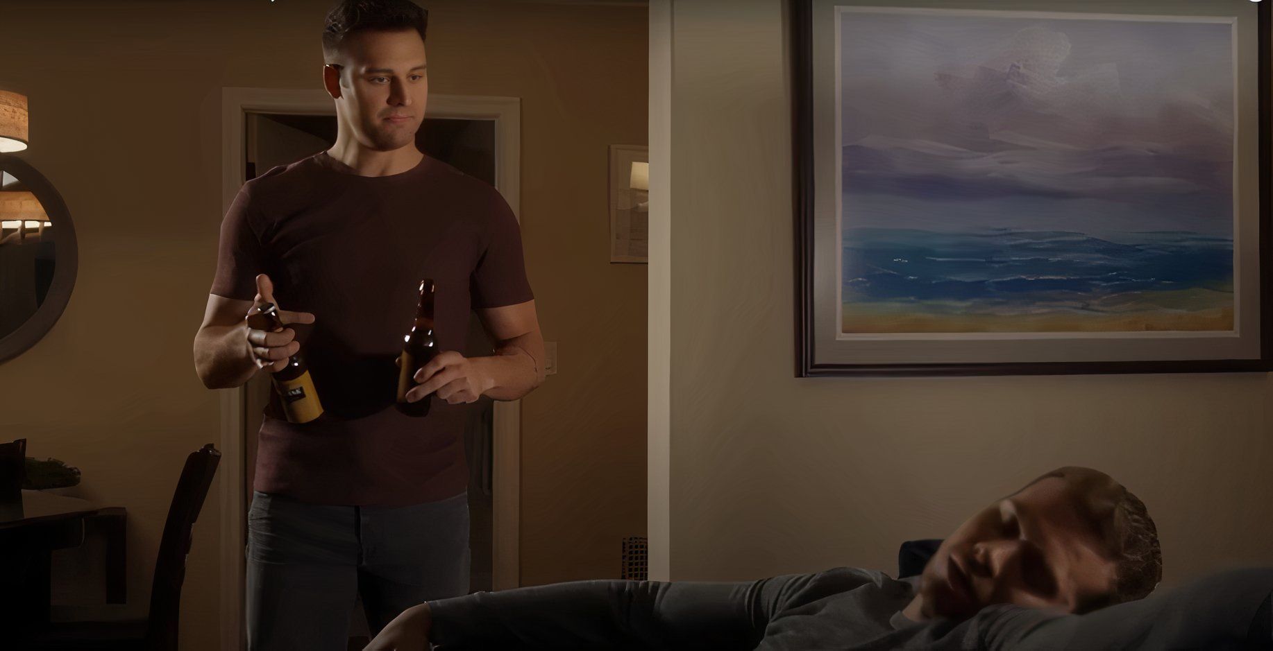 Ryan Guzman as Eddie Diaz and Oliver Stark as Buck Asleep in 9-1-1