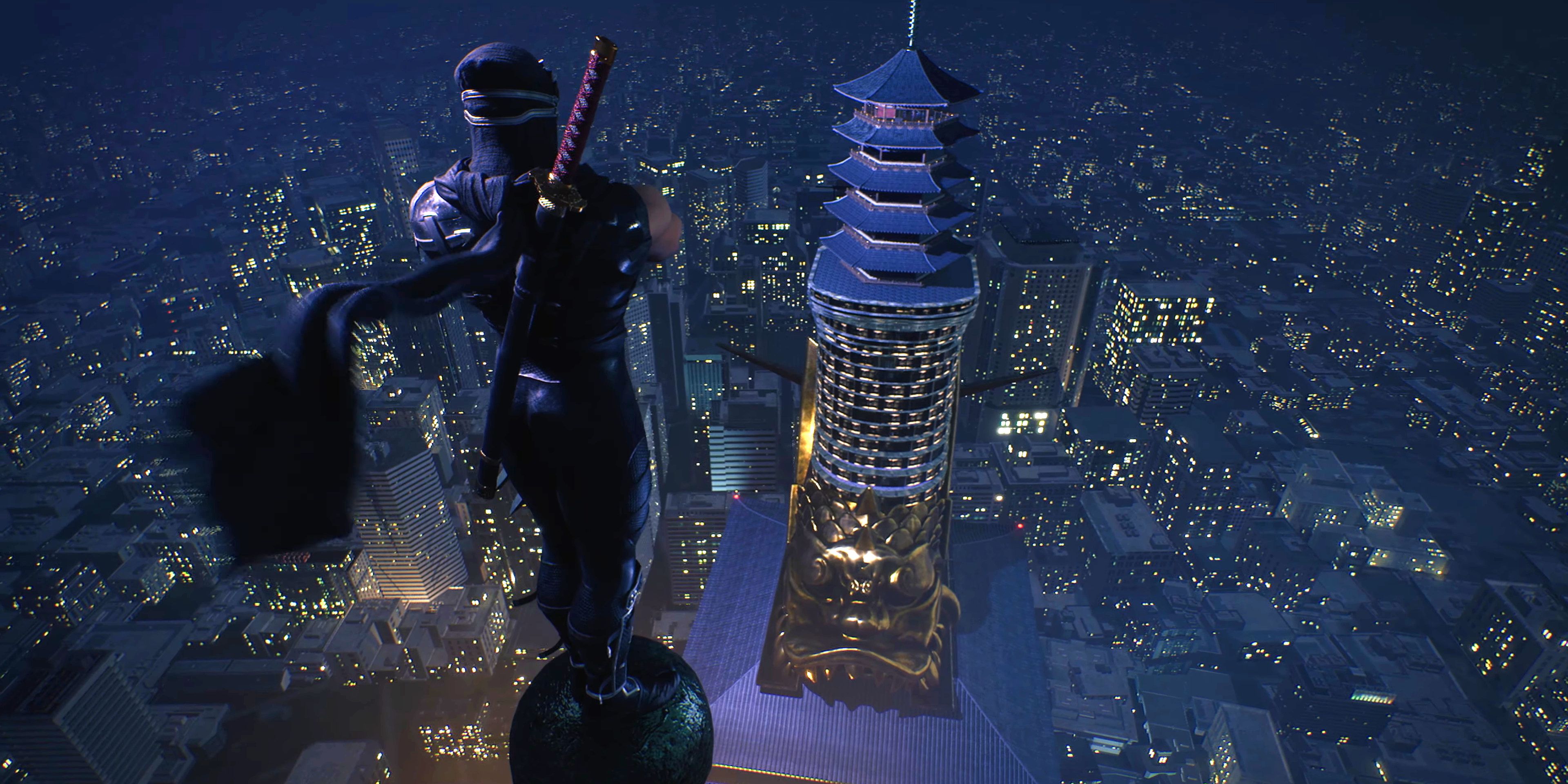 Ryu perched above a modern city with Japanese architectural influences in the trailer for Ninja Gaiden 2 Black.