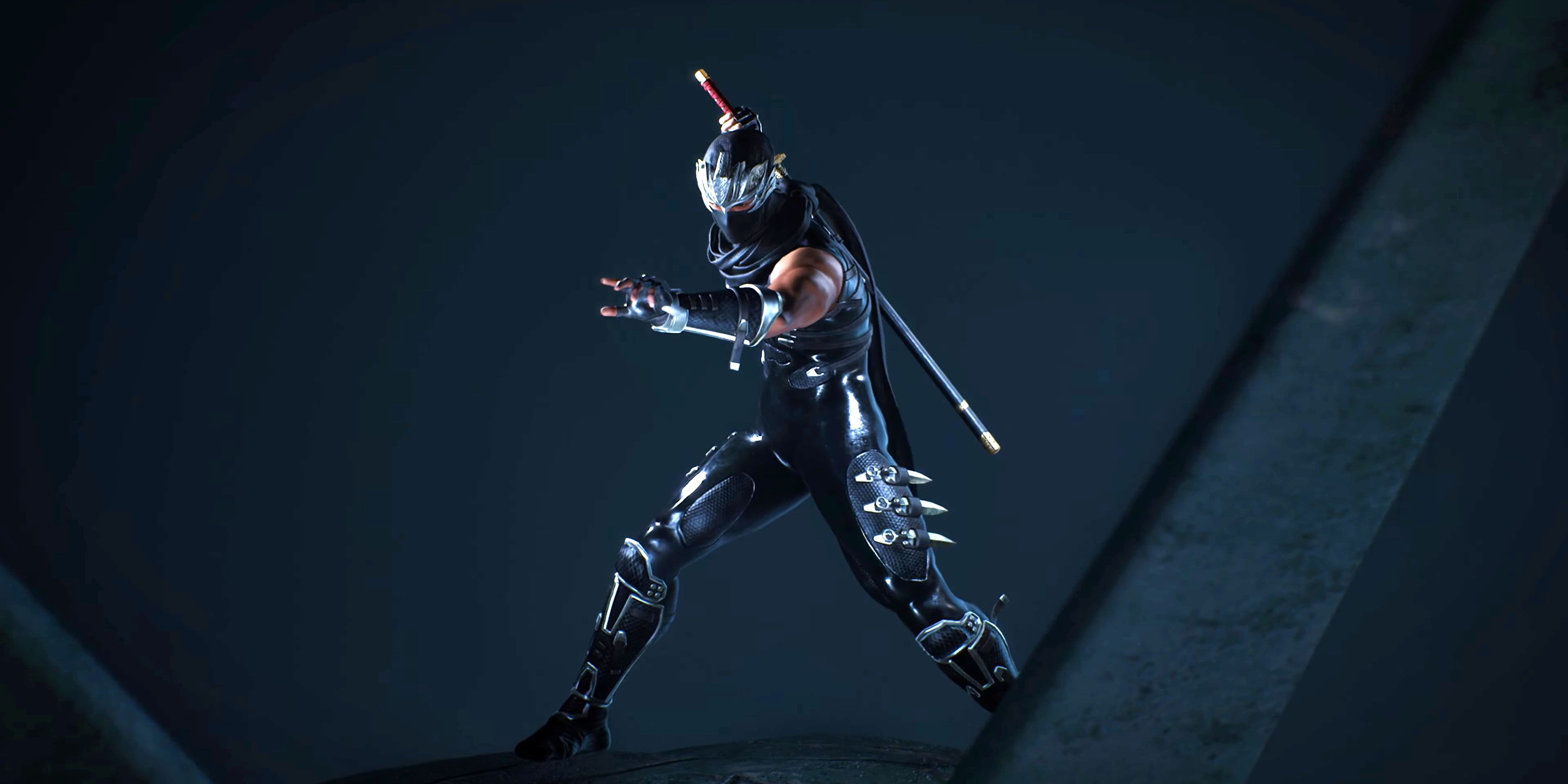 Ryu strikes a dramatic ninja pose in a screenshot from Ninja Gaiden 2 Black.