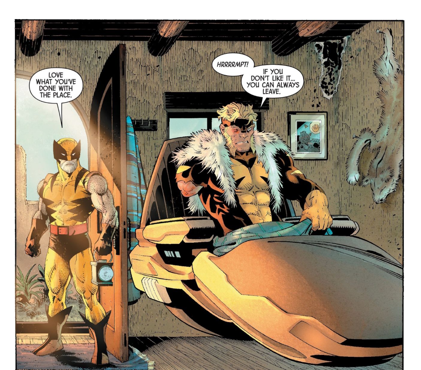 Comic panel: Sabretooth in the iconic Charles Xavier's Hover chair