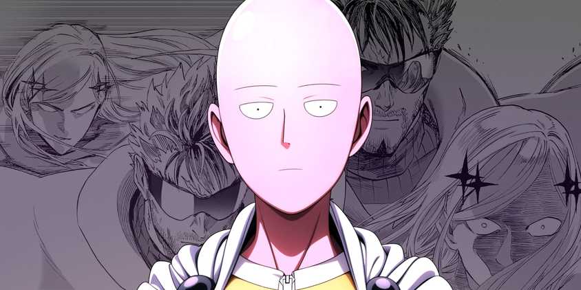 Saitama looking bored while wearing his hero costume. Behind him, panels of the latest redraw can be seen.