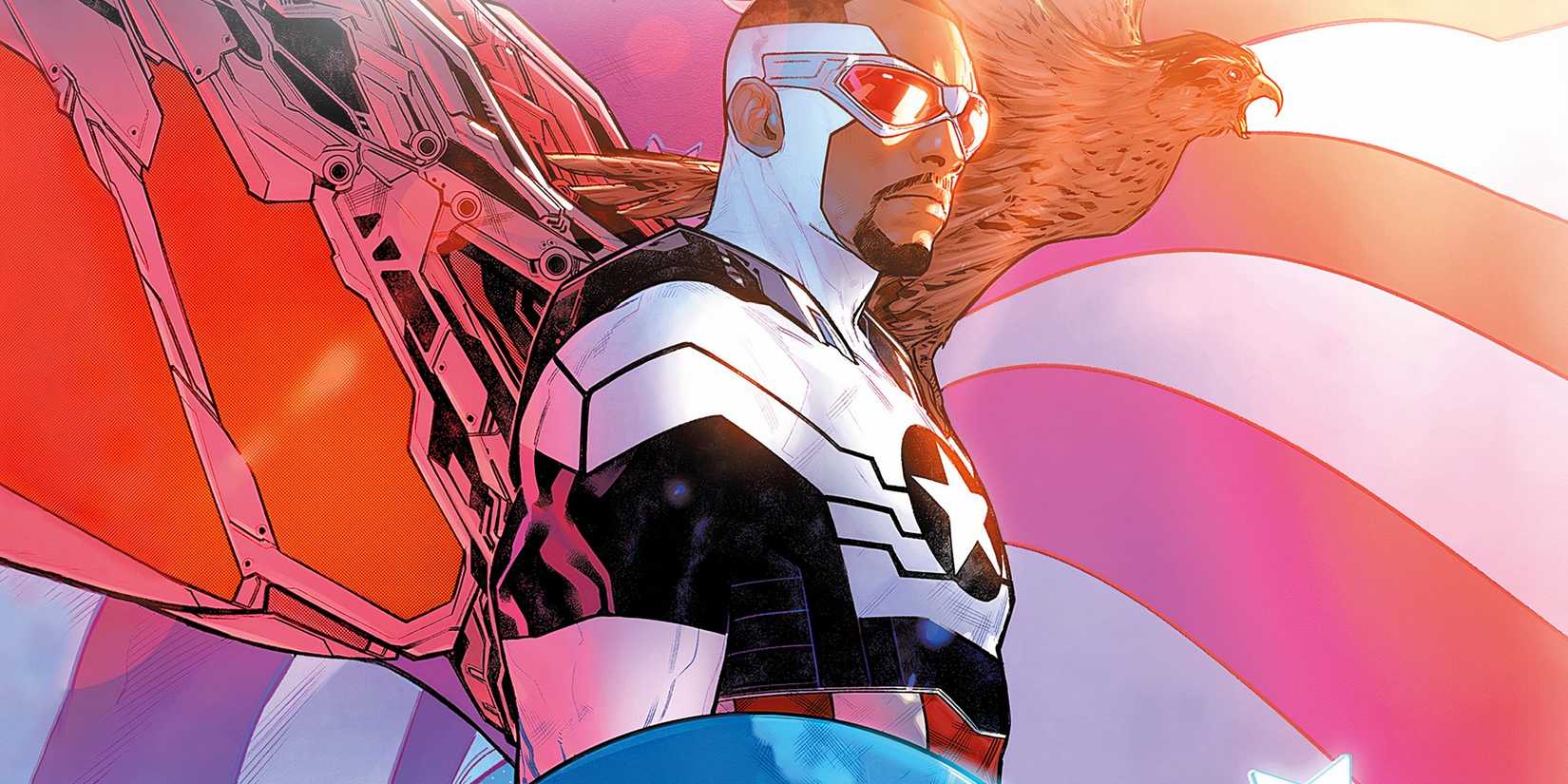 Comic book art: Sam Wilson as Captain America with Falcon on Shoulder and Flag Waving Behind Him Marvel
