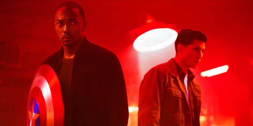 Sam Wilson's Captain America and Joaquin Torres' Falcon in a red room in Captain America Brave New World