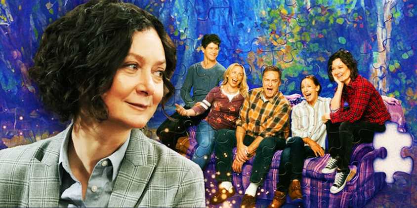 Sara Gilbert's Darlene beside an imafe of The Conners main cast members sitting on a couch