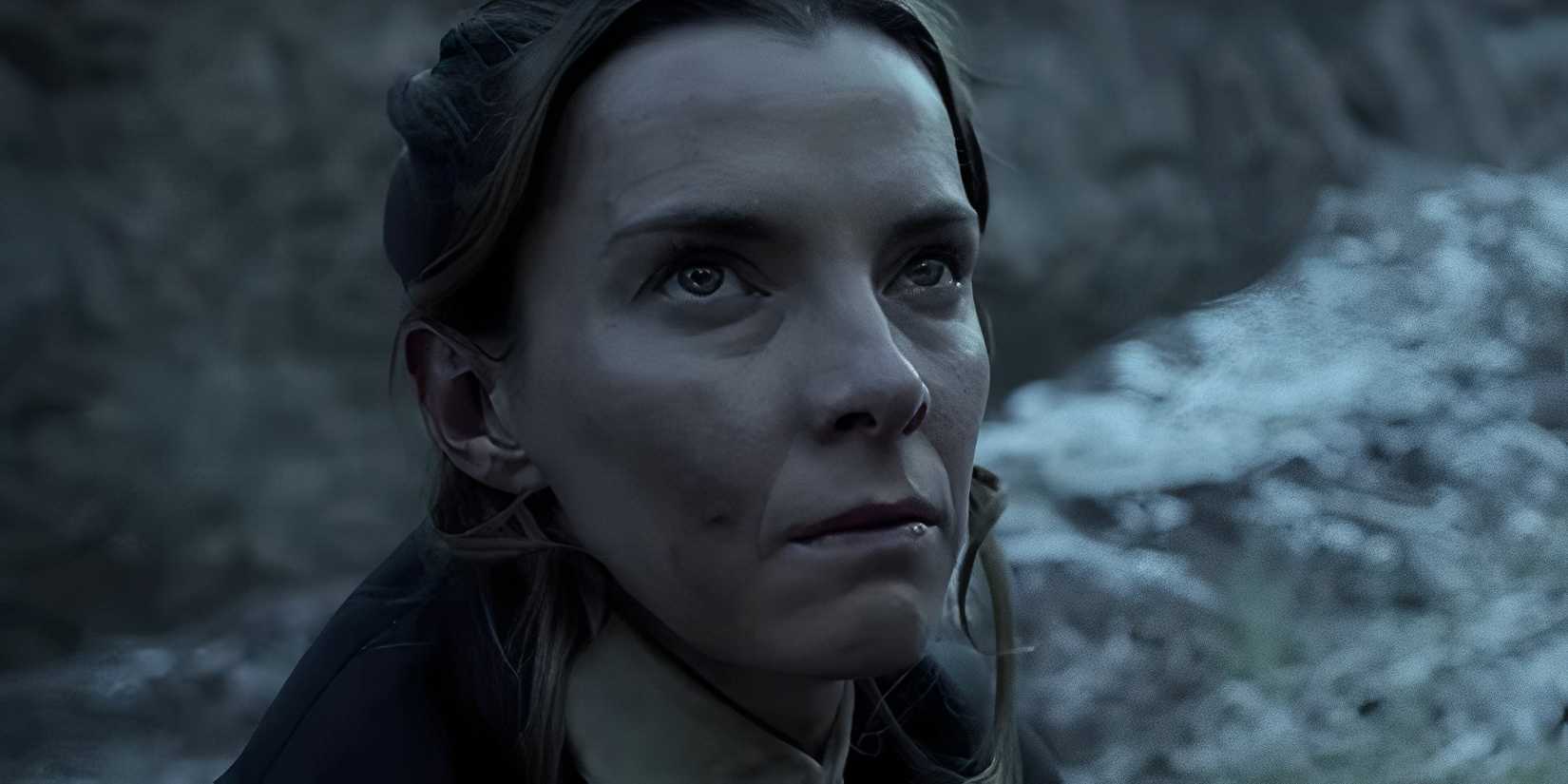 Sara looking up and angry in American Primeval