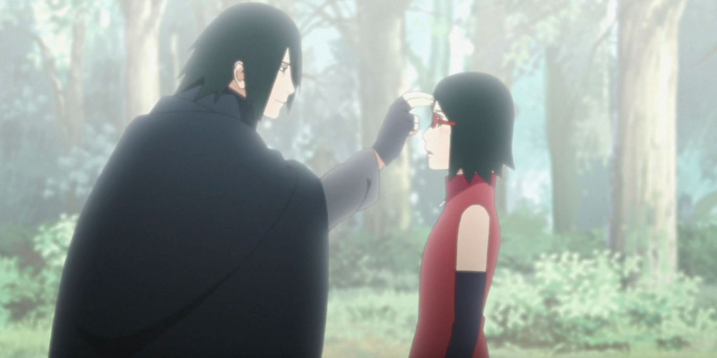 Sasuke smiling at Sarada while pocking her forehead.