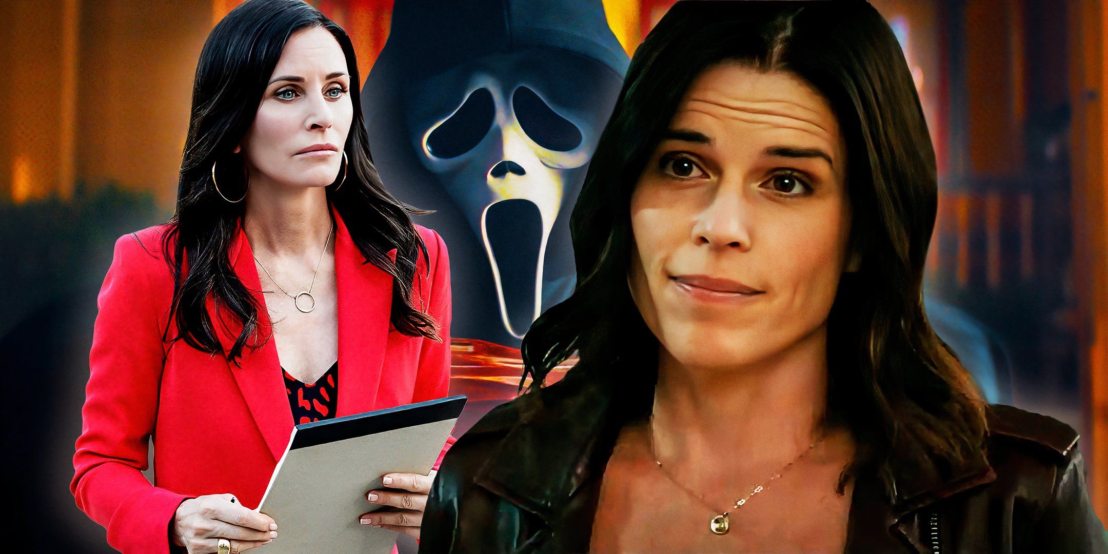 Courteney Cox and Neve Campbell in Scream 5 with Ghostface in background