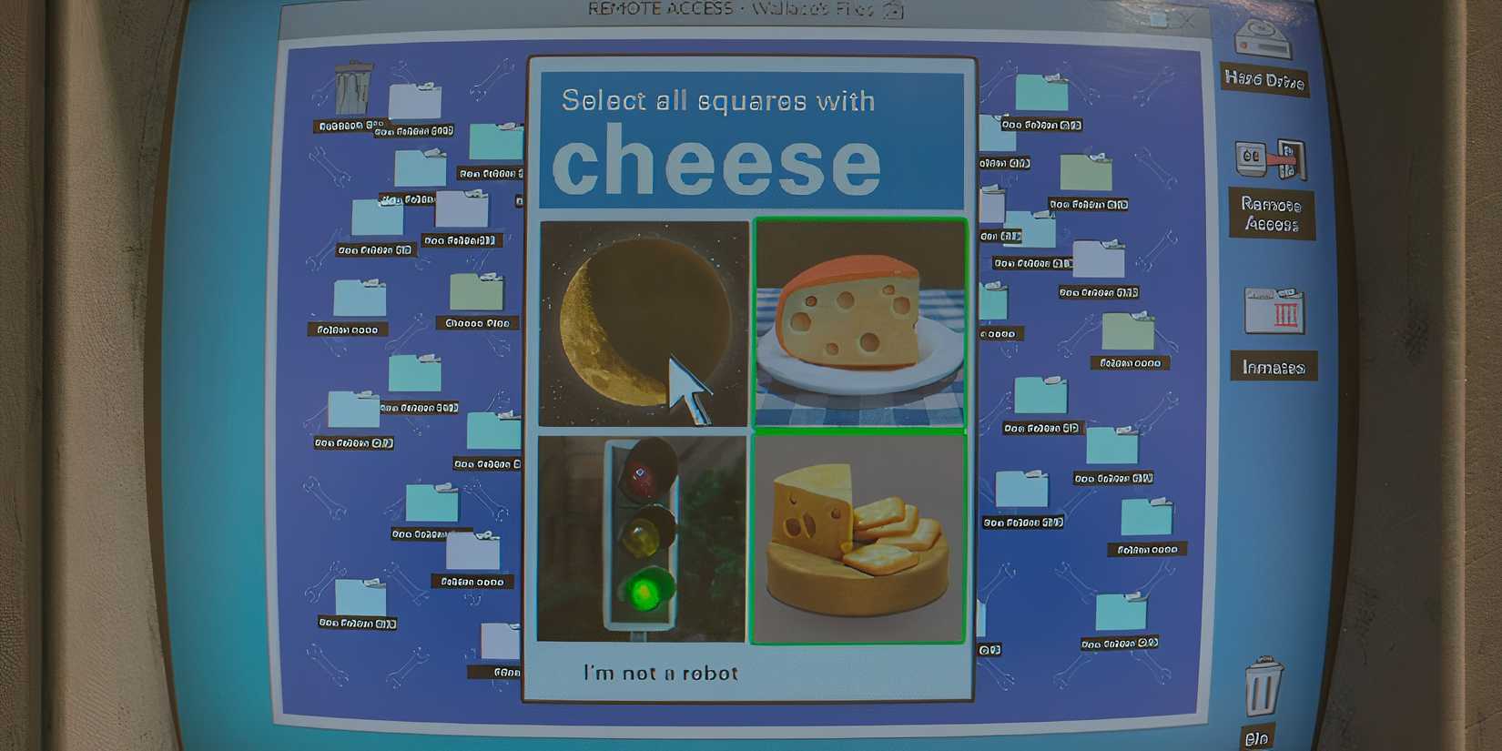 A computer screen featuring pictures of cheese in Wallace & Gromit: Vengeance Most Fowl