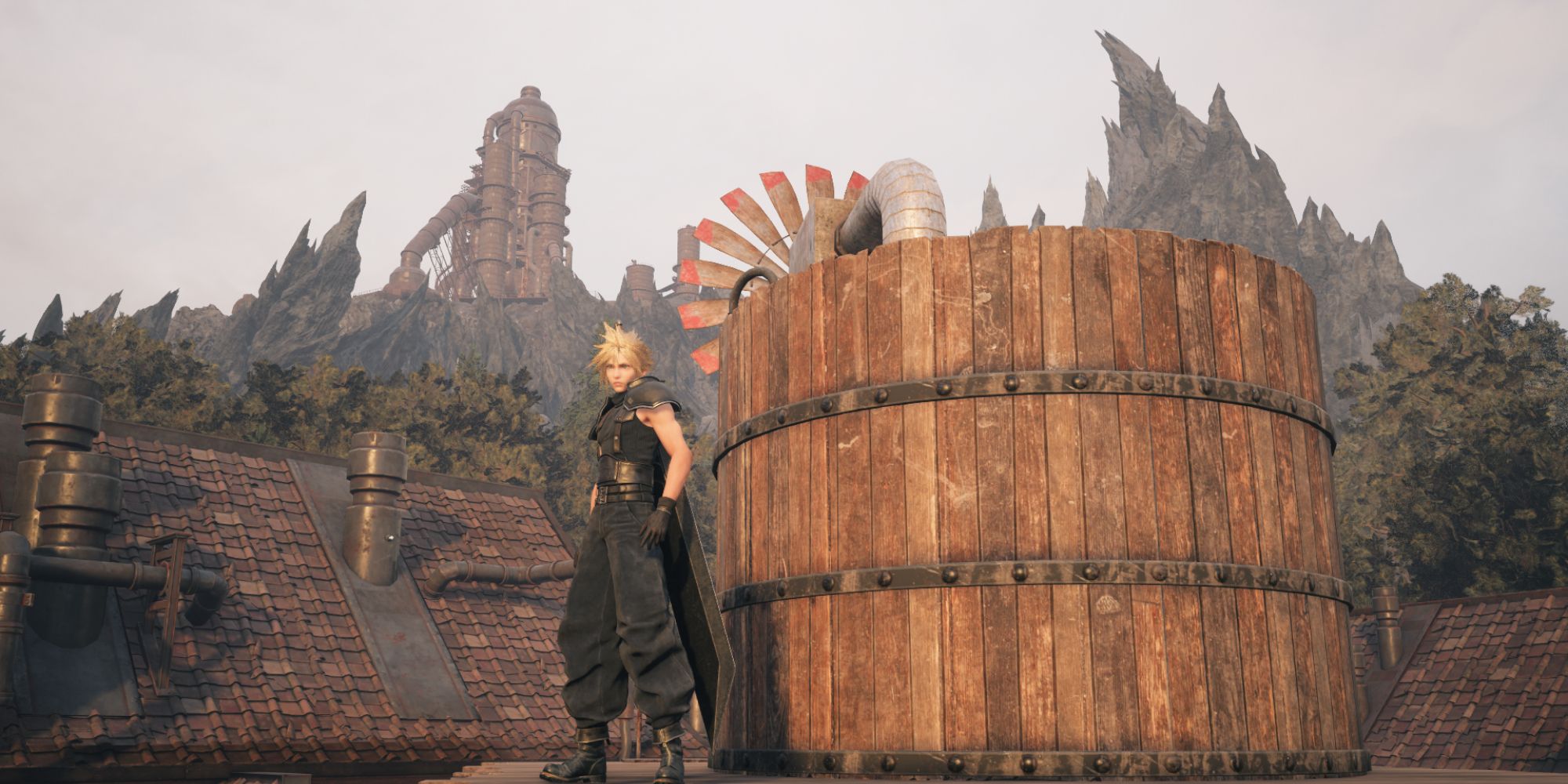 Cloud standing on the water tower in Nibelheim in FF7 Rebirth