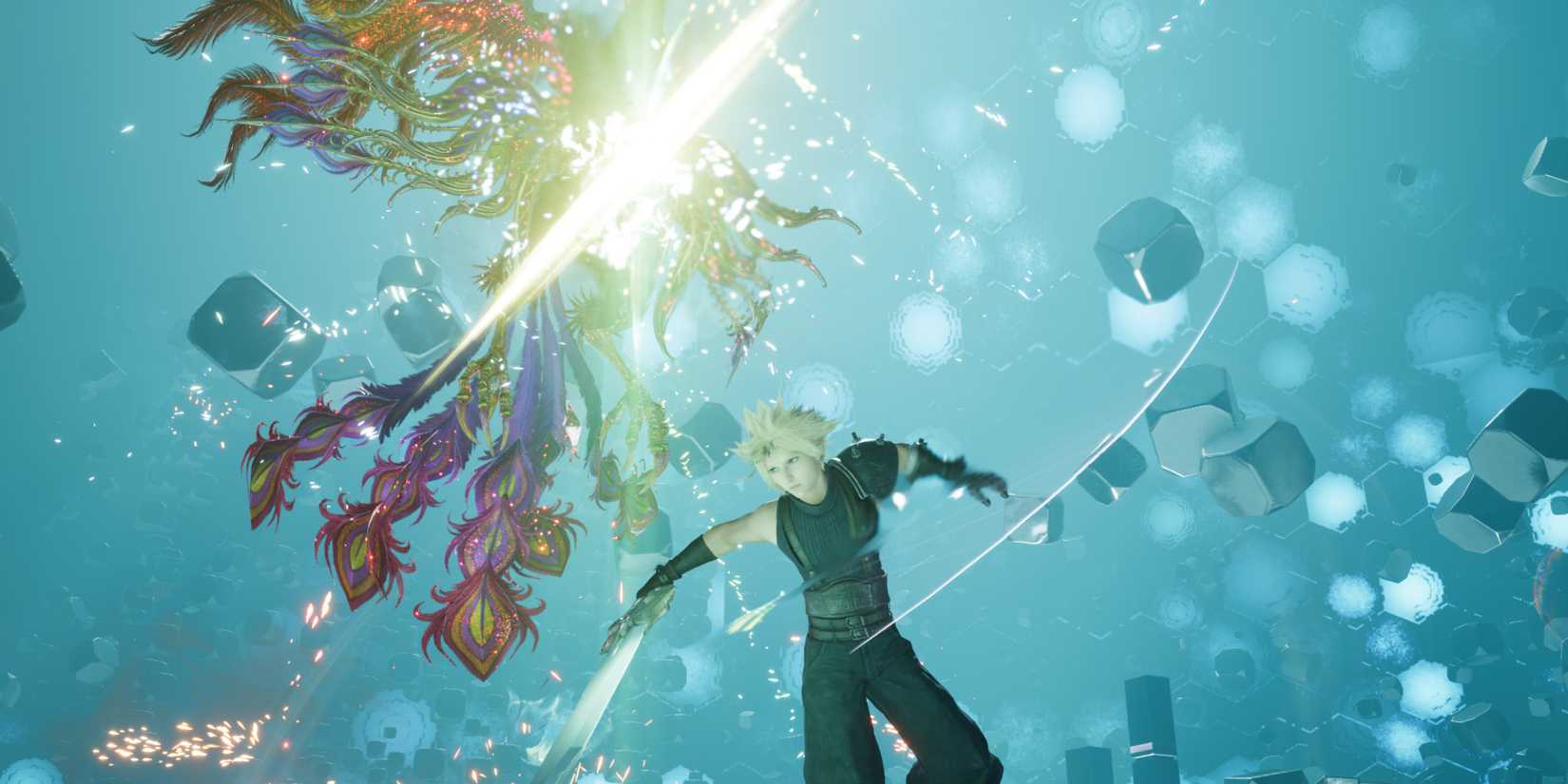 Cloud fighting the Phoenix summon materia in FF7 Rebirth