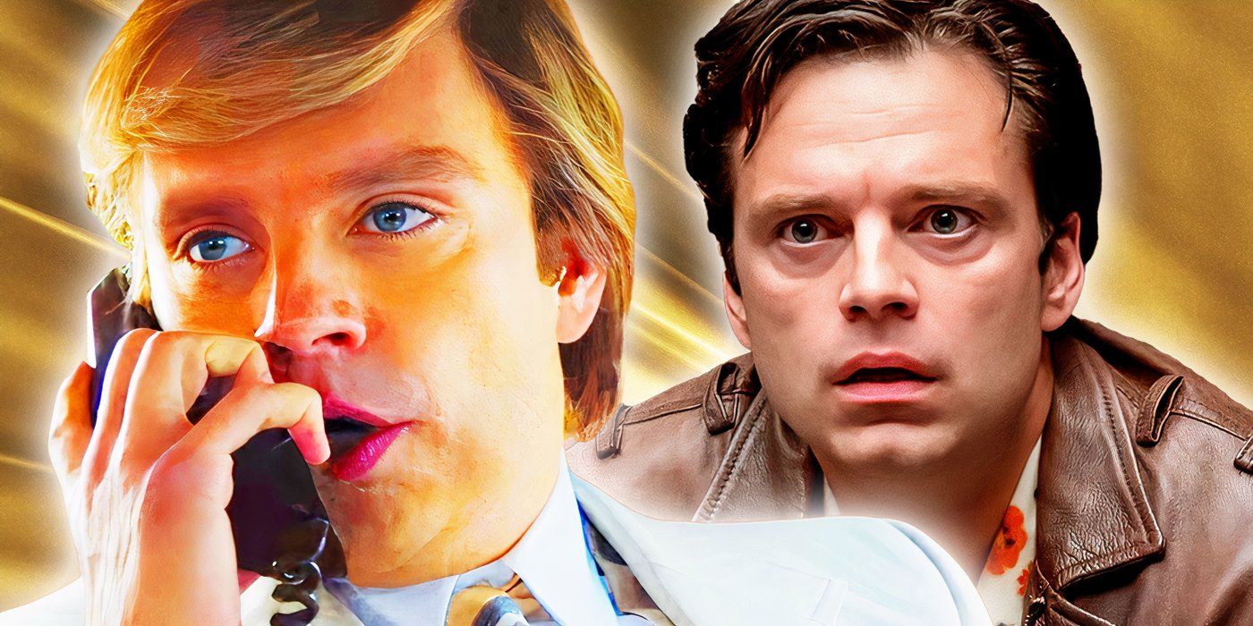 An edited image of Sebastian Stan in The Apprentice and A Different Man.