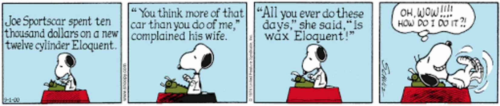 Snoopy writing on his typewriter, then kicking his feet up in excitement.