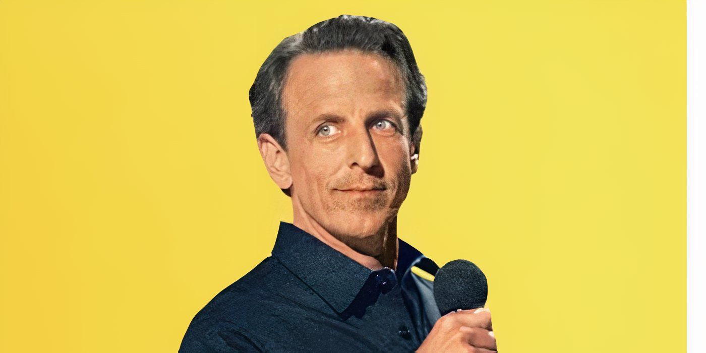 Seth Meyers holding a microphone in his Dad man Walking comedy special