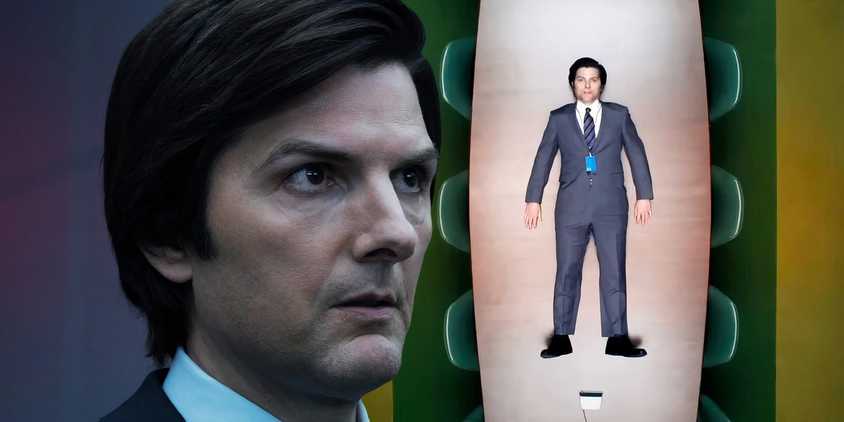 A composite image of Mark looking concerned in front of Mark lying on a large conference table in Severance season 3