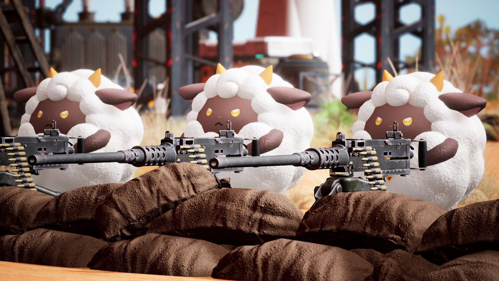 Sheep like pals in palworld holding guns