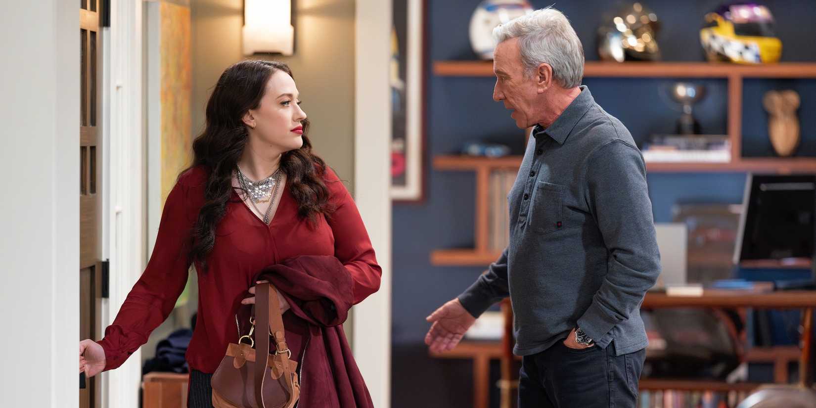 Kat Dennings as Riley and Tim Allen as Matt in Shifting Gears.