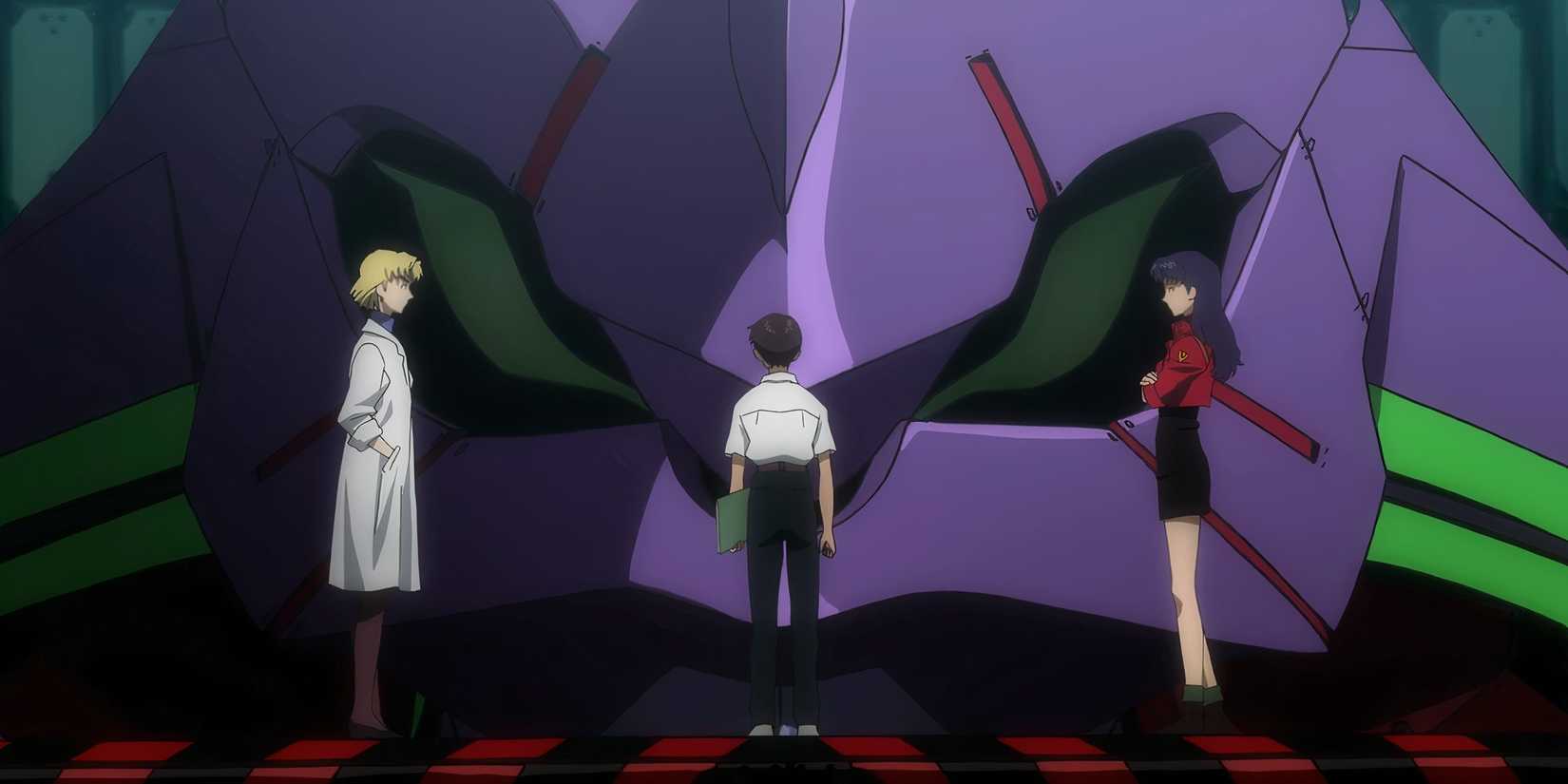 neon genesis evangelion shinji misato ritsuko in front of eva 01