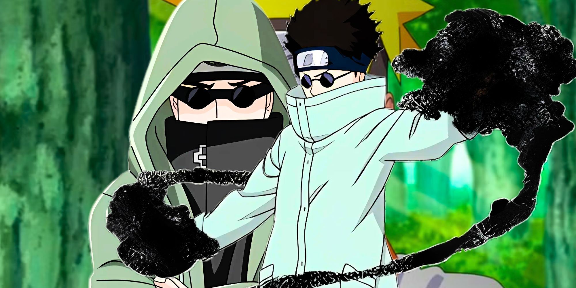 The versions of Shino Aburame in Original Naruto and Shippuden with Naruto as Background