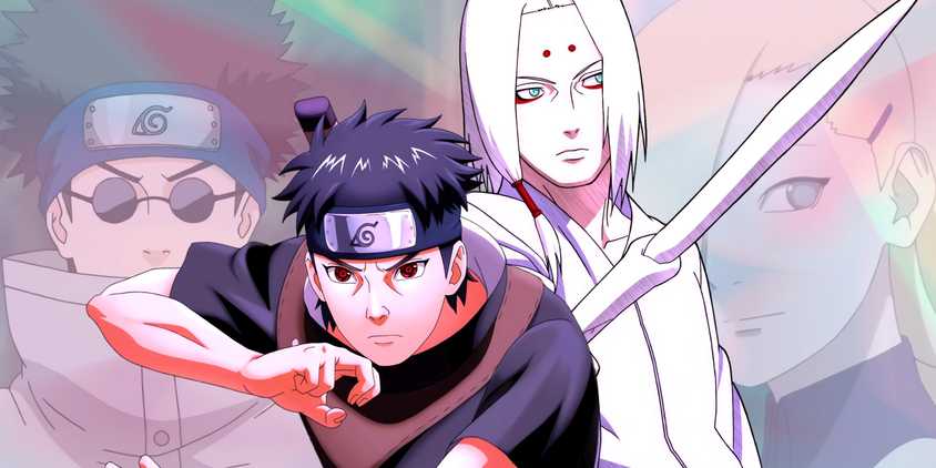 Shisui and Kimimaro standing side by side, prepared to fight. Behind them, images of Shino and Ino can be seen.