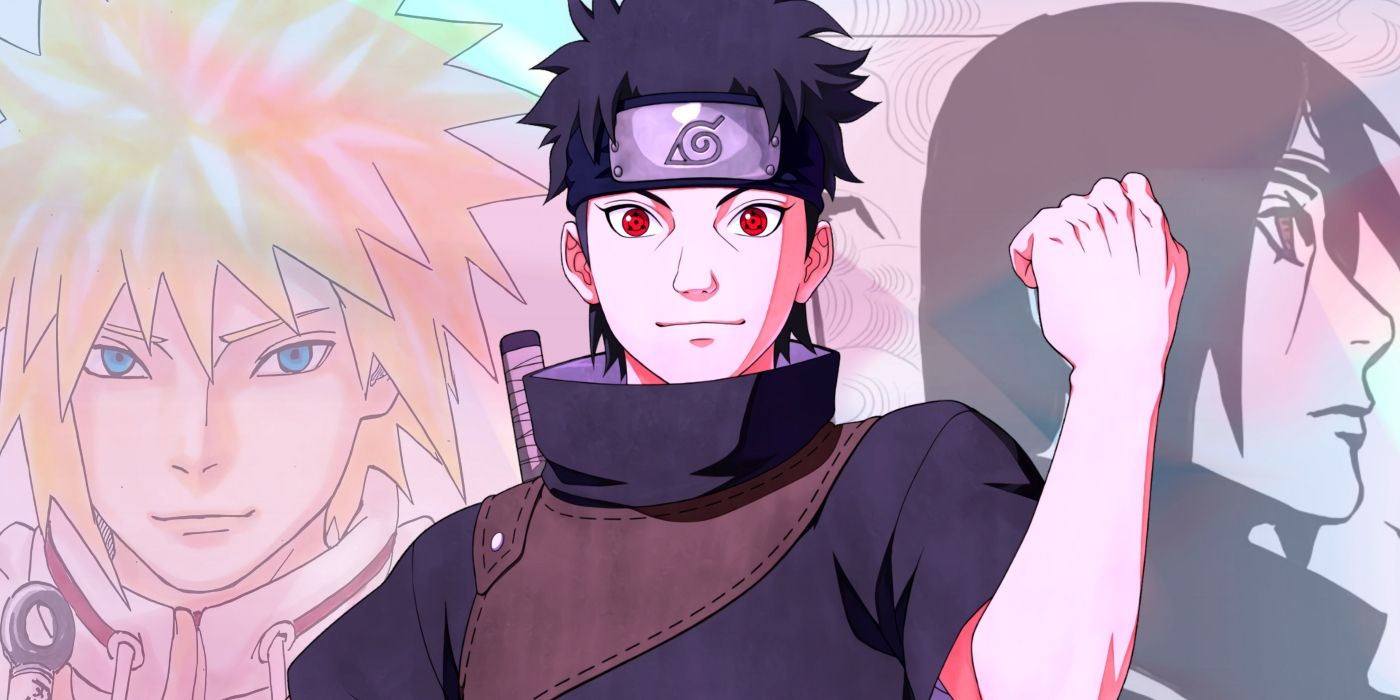 Shisui smiling as he lifts a fist. Behind him, the covers of Minato Gaiden and Itachi Shinden can be seen.