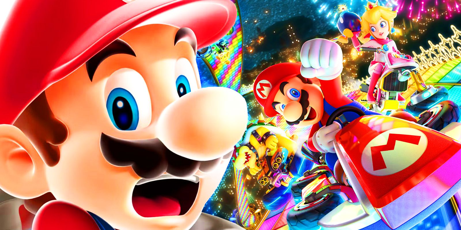 Shocked Super Mario with mario kart imagery