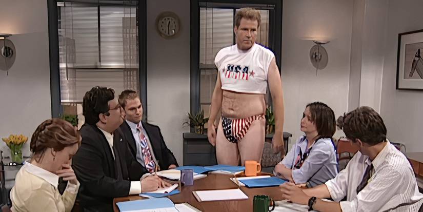 Will Ferrell in red, white, and blue short shorts in a sketch on Saturday Night Live