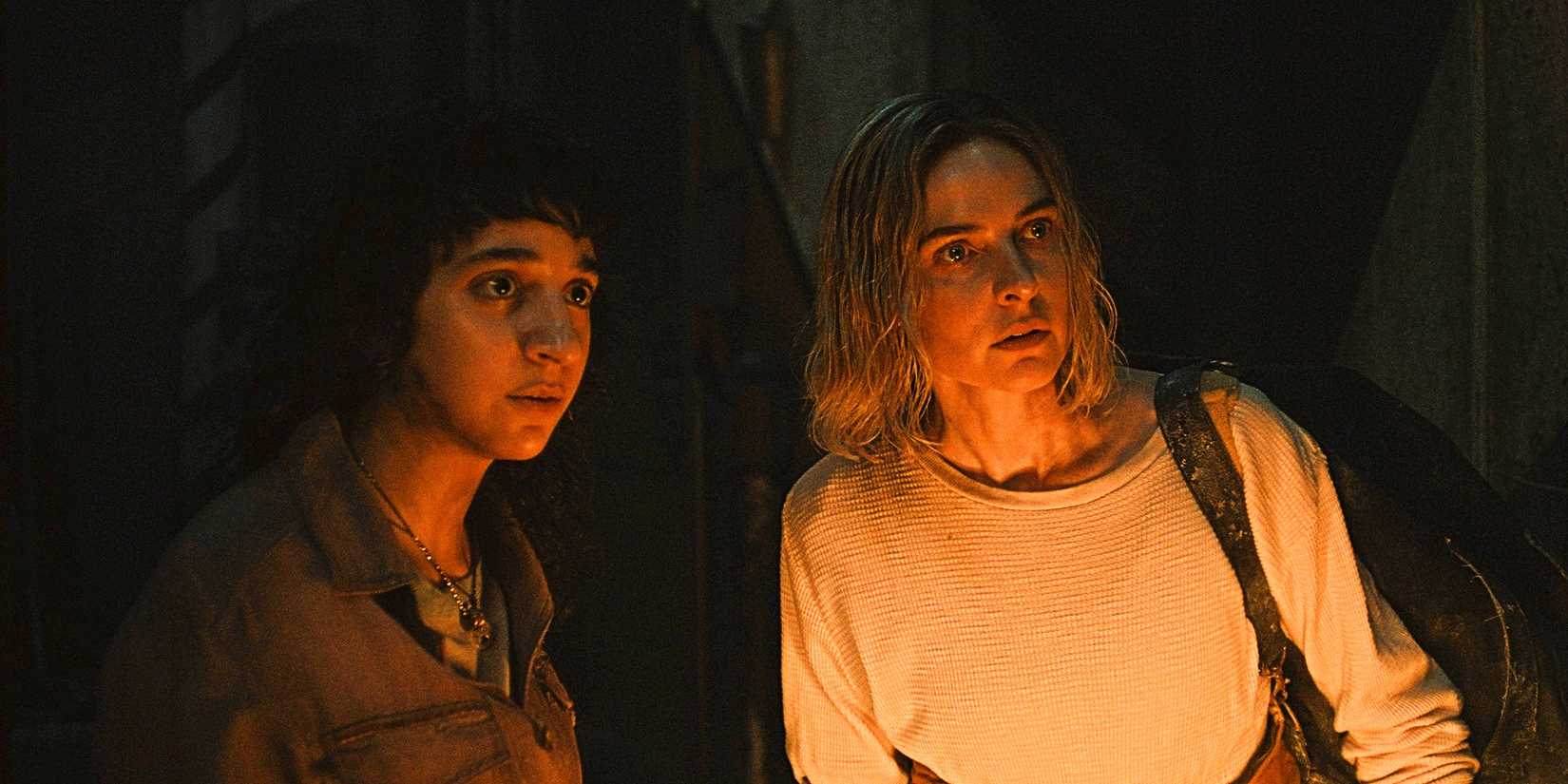 Hope (Sara Hazemi) and Juliette (Rebecca Ferguson) looking concerned in Silo season 2