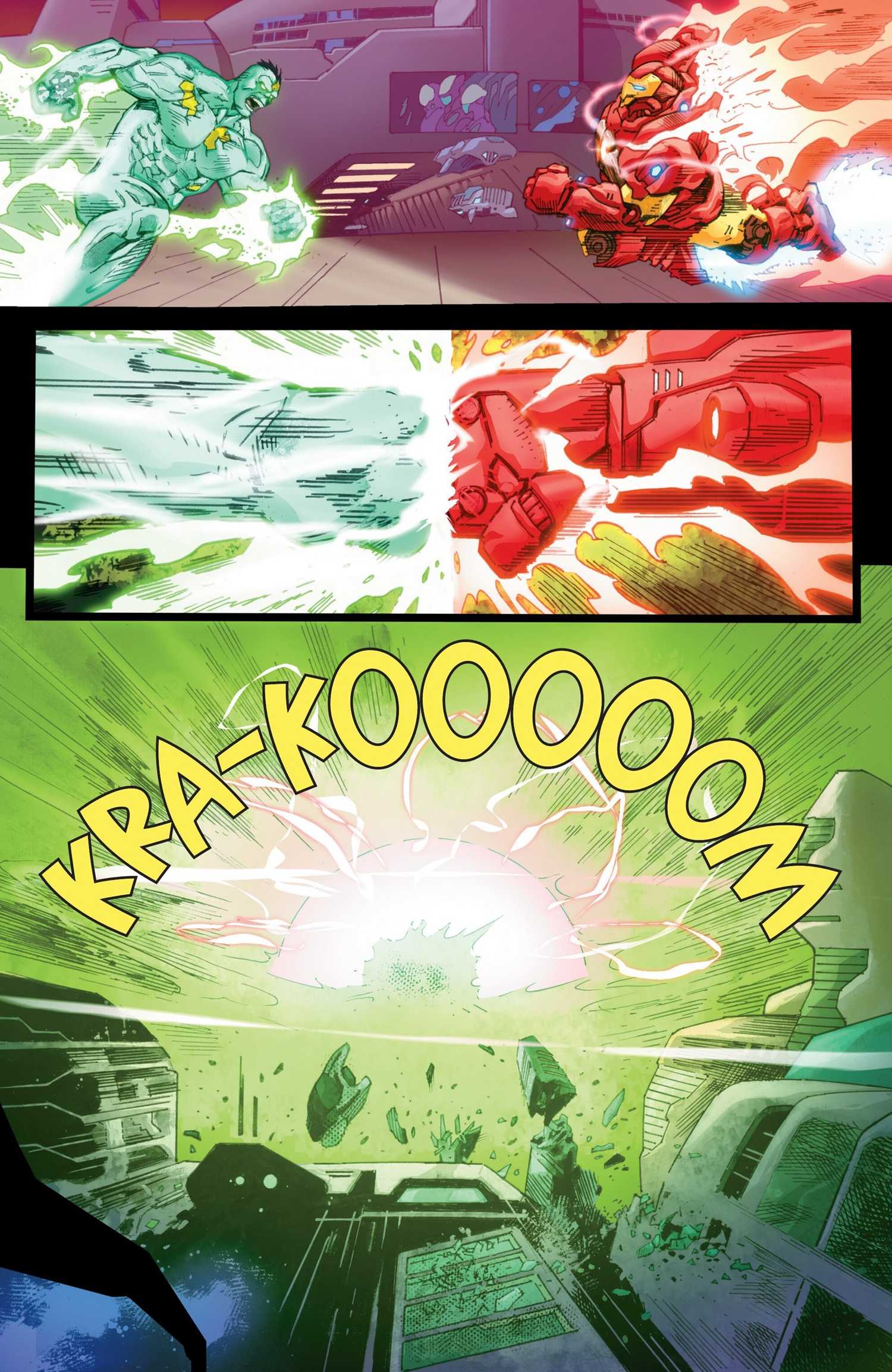 Comic book page: Silver Hulk and Iron Man in New Hulkbuster Meet Punches