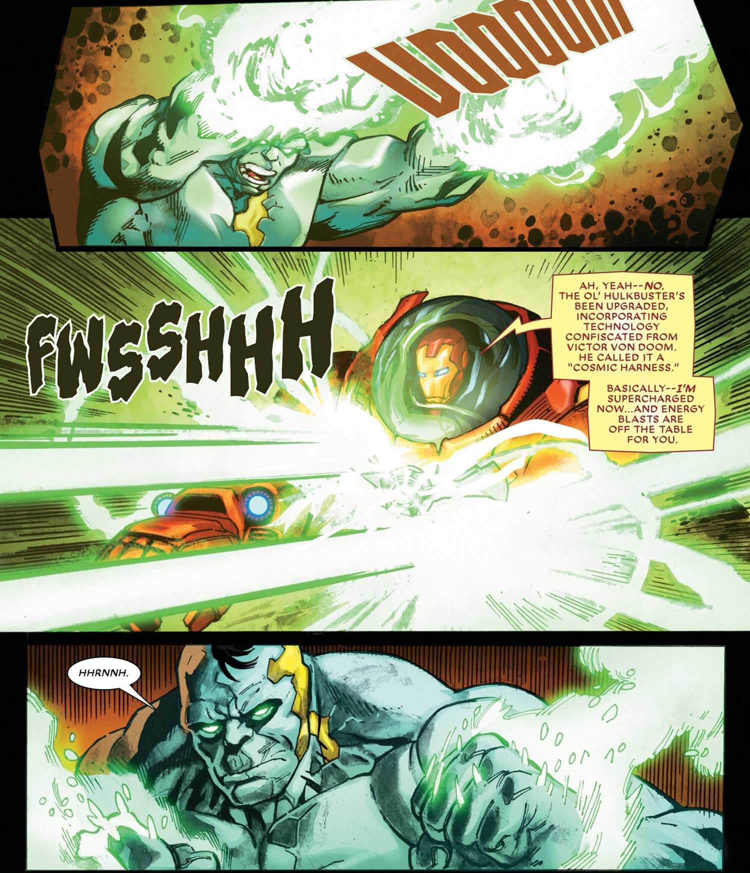 Comic book panels: Iron Man's new Hulkbuster absorbs energy blast from Silver Hulk.