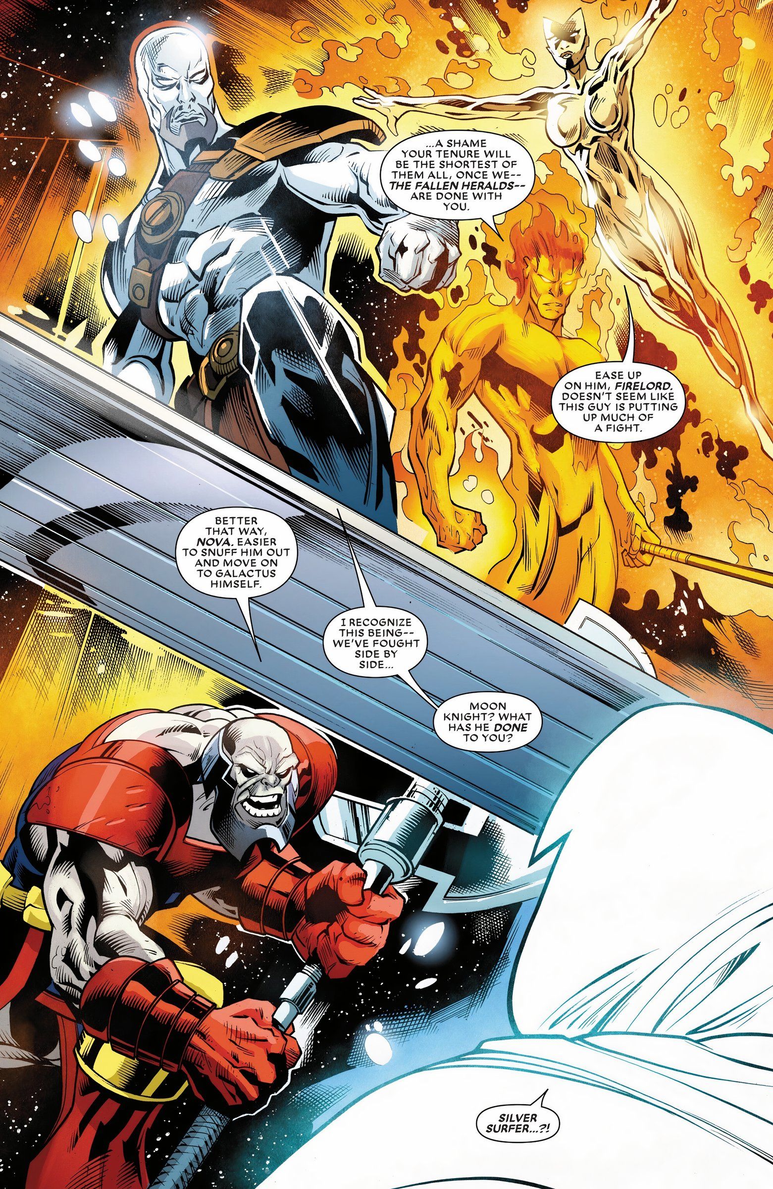 Silver Surfer, Terrax, Firelord e Frankie Raye Nova Confront Moon Knight