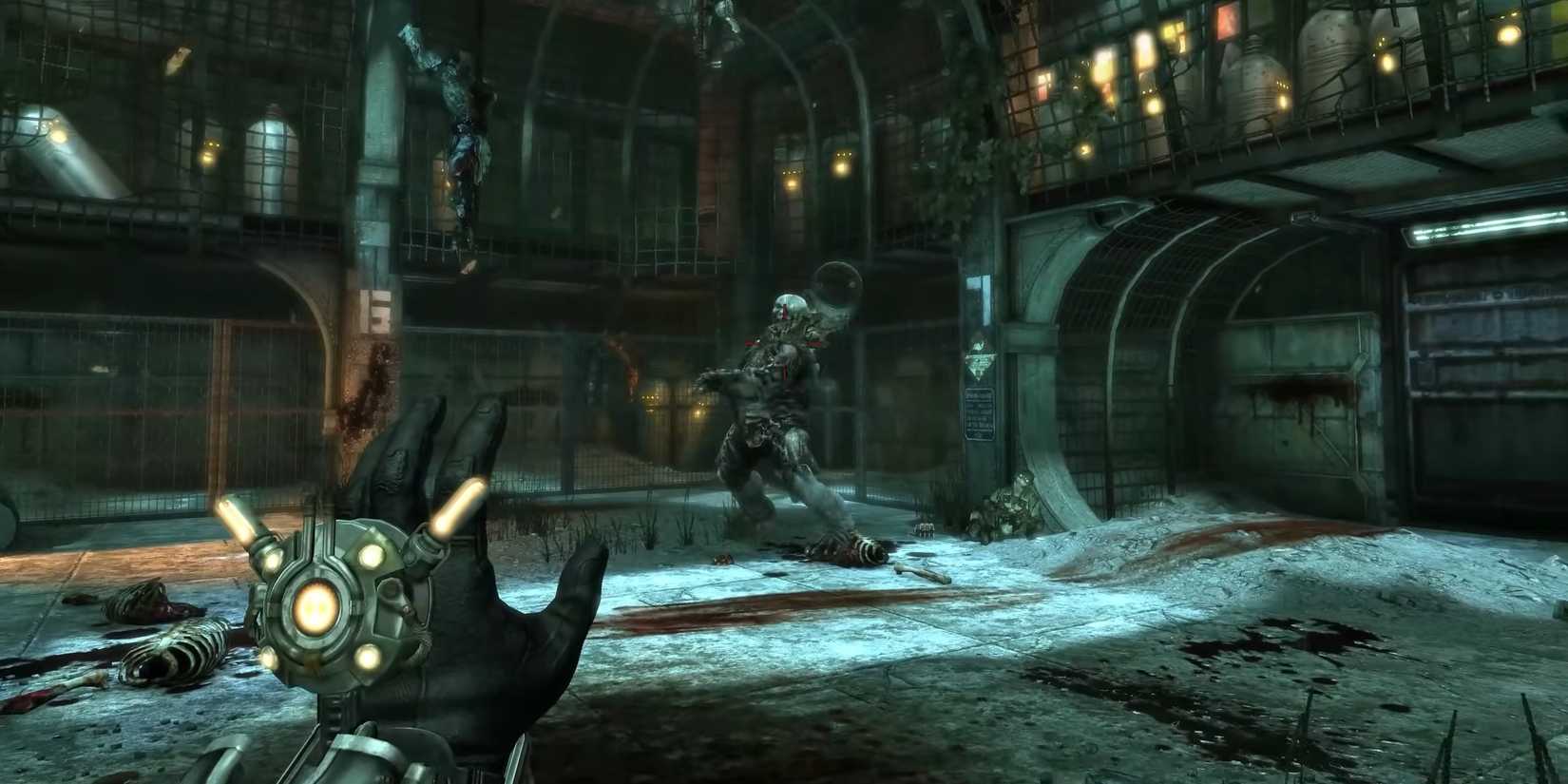 The player fighting a monster in Singularity