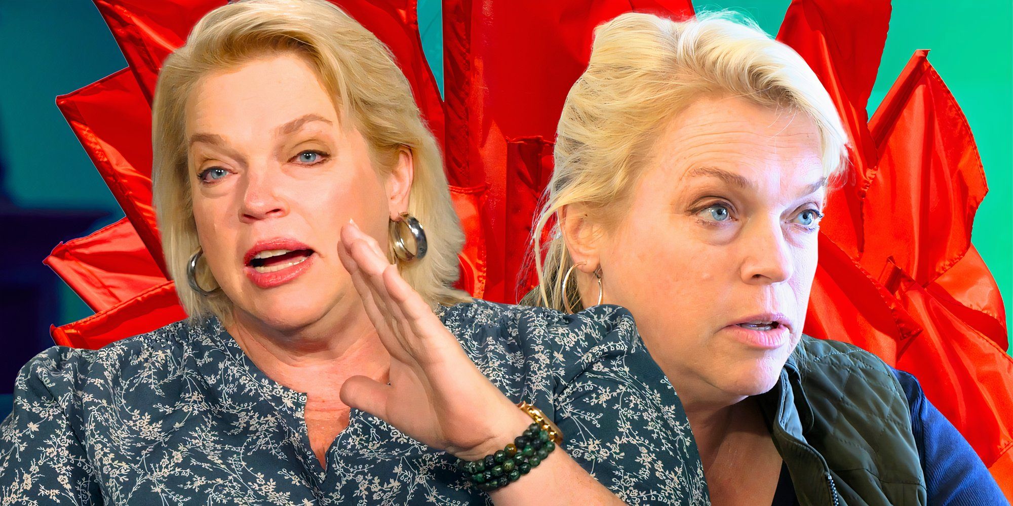 Sister Wives Janelle Brown spilt image looking annoyed and speaking