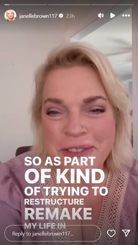 Sister Wives star Janelle Brown in a pink shirt speaking in an Instagram story video with the words "'so as part of kind of trying to restructure, remake my life in".