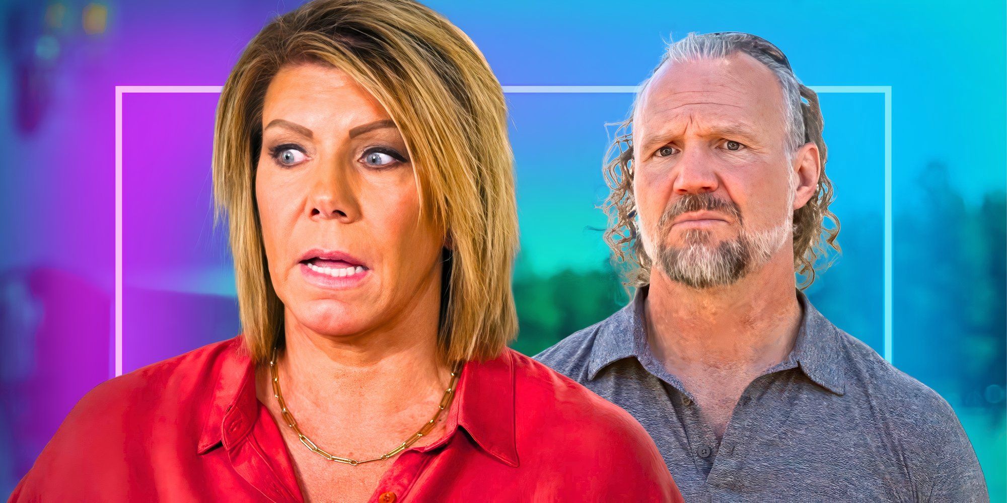 sister wives stars Meri and Kody Brown looking upset with blue and purple background