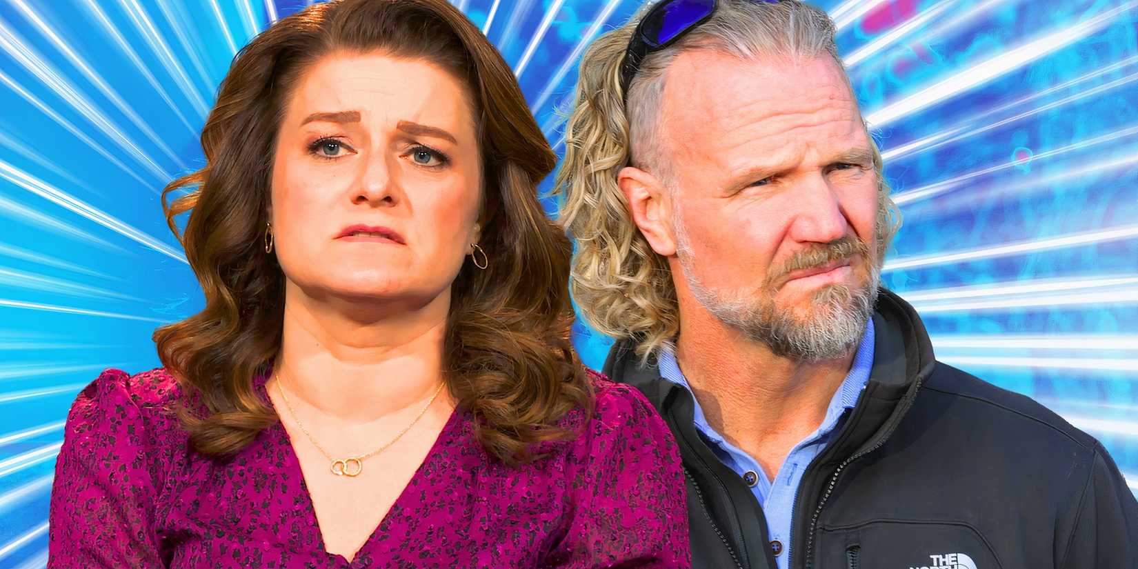 sister wives stars robyn and kody brown in montage with both looking emotional and blue background