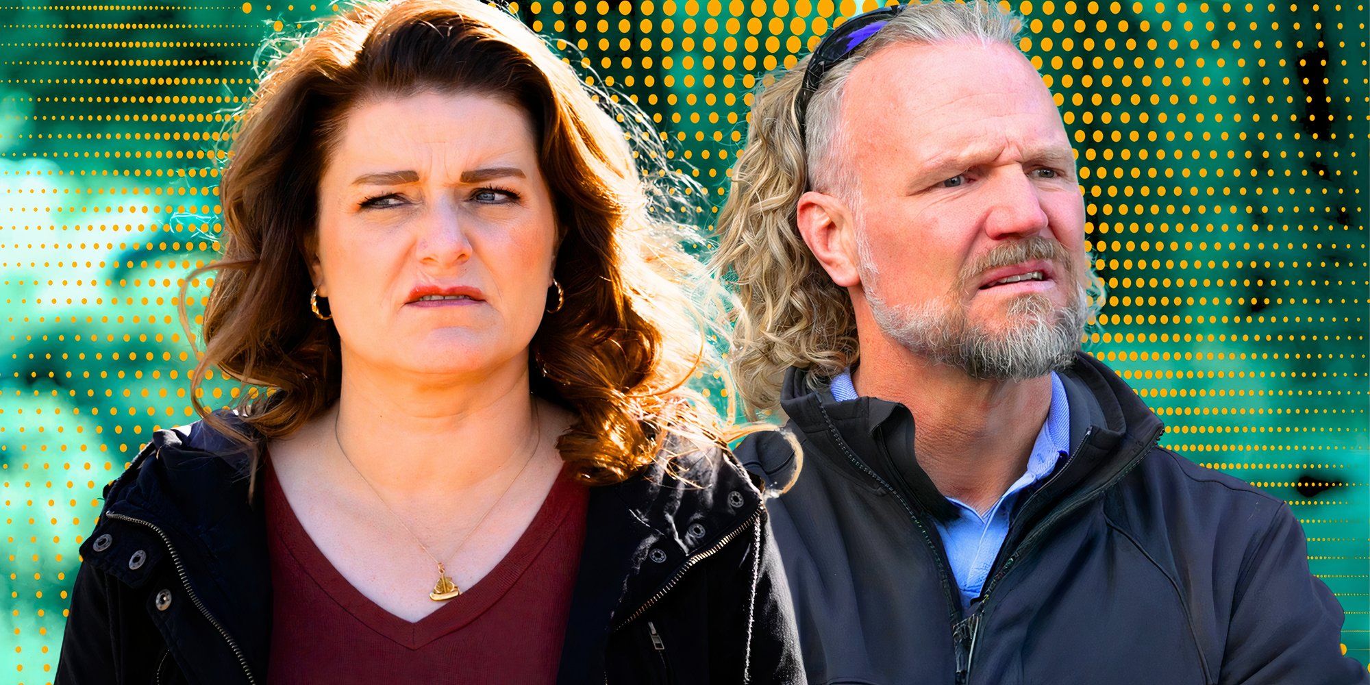 sister wives stars robyn brown and kody brown looking angry with green background with yelllow dots