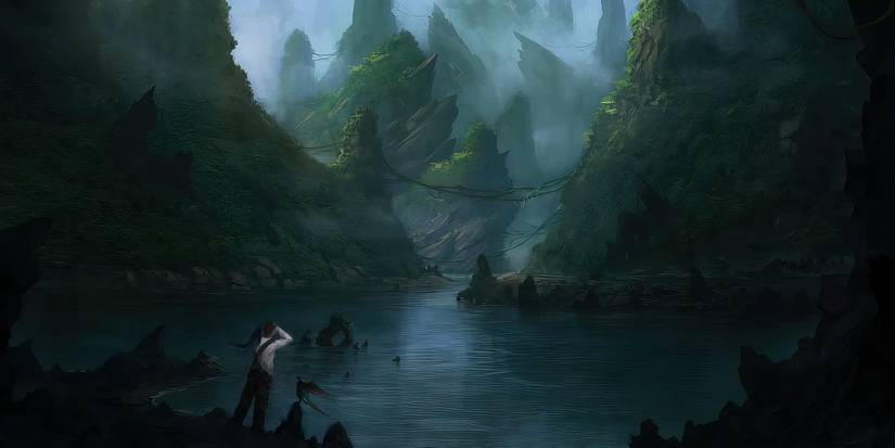 The cover of Brandon Sanderson's novella Sixth of the Dusk; a man stands with two birds on the edge of a rocky beach with jungle-covered mountains in the distance