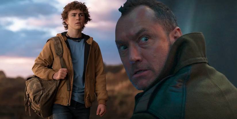 Jude Law as Jod Na Nawood looking angry in Skeleton Crew (2024) next to Walker Scobell as Percy Jackson (2023)